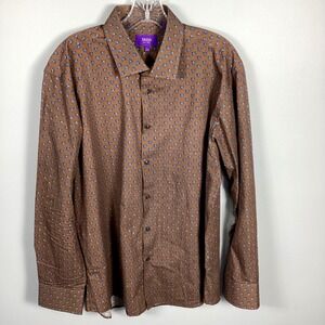 Tallia Men's Fox Print Button Up Shirt Size L‎ (16-16.5 34-35) Long Sleeve Brown